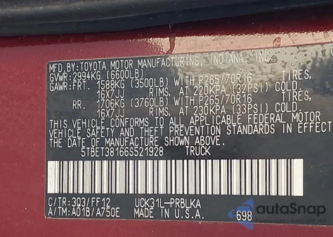 2006 Toyota Tundra Double Cab Limited from USA, damaged, VIN 5TBET38166S521928